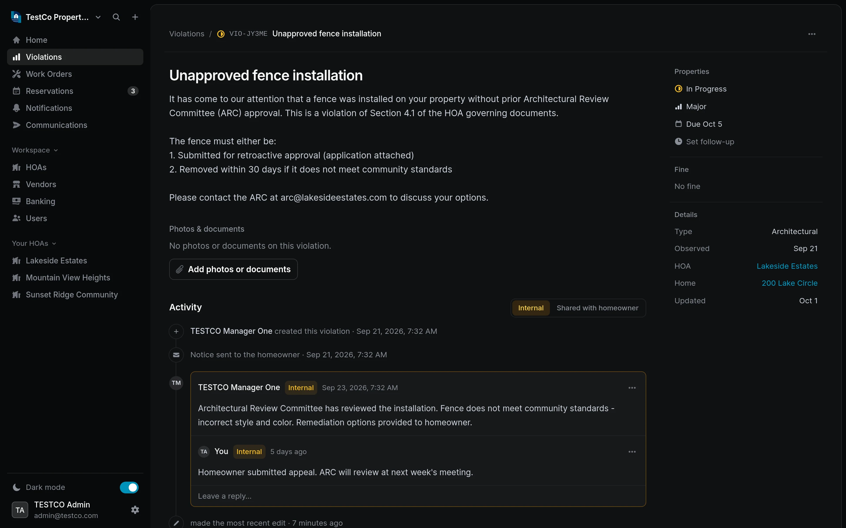 A violation in Epic HOAs, with its comment thread and the Properties panel showing status, type, home and dates